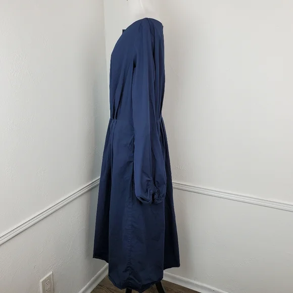 Eshakti Dress Bishop Sleeve Cotton Poplin Pleated Navy Blue Modest Classic Midi - Picture 10 of 15